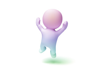 happy cute little character in shades of pink and blue jumps enthusiastically in white scene