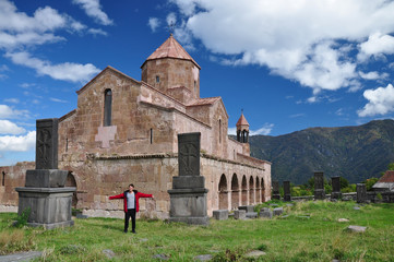 tourist near Odzun monastery in  Armenia