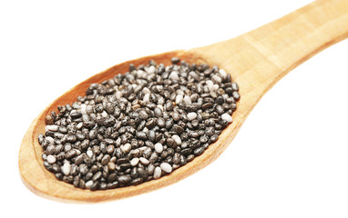 Chia seeds in a wooden spoon isolated on white background