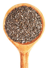 Chia seeds in a wooden spoon isolated on white background