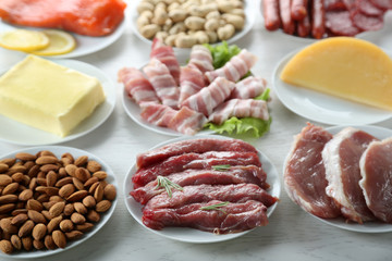 Diet food on a light wooden background