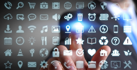 Businessman using digital tactile screen interface with web icon