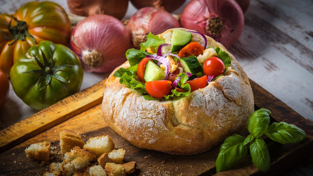 Tuscan dish for hot summer days, the panzanella a bread bowl