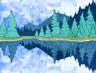 hand drawn beautiful illustration of a mountain landscape with green spruces around the lake