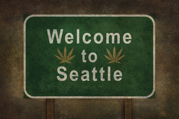Welcome to Seattle roadside sign with Cannabis leaf illustration