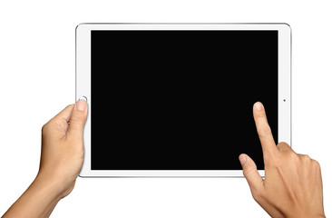 Hands are holding and point on Big White Tablet PC Isolated on w