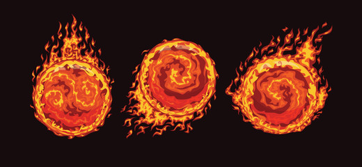 Set of hot fire balls in flame on a black background. Vector illustration.