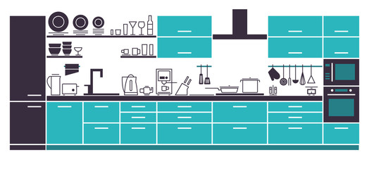 Vector Illustration of Modern Kitchen Cabinets and Household Equipment in Line Style for Your Design, Banner or Flyer.