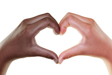 Obraz premium Female hands in the form of heart isolated on white background, Multiethnic