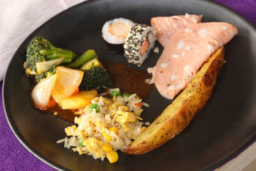Ready to eat breakfast fried rice and side dishes at an all incl