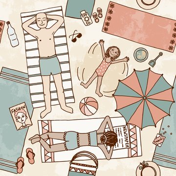 Hand drawn seamless pattern of a family lying at the beach