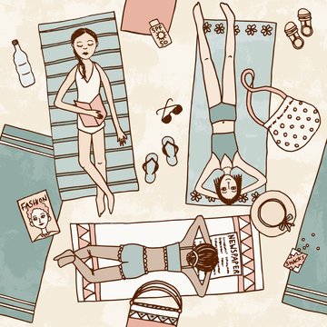 Seamless pattern of girls chilling at the beach