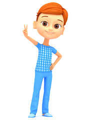 Boy isolated on white background showing the peace of the world.