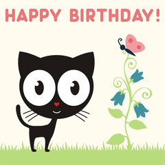 Happy birthday! Cute kitten with flower and butterfly. Birthday card. Vector cartoon kitten.