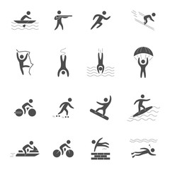 Black icons for extreme sports. Vector character set for action sports. Figures athletes of adventurous sports. Black symbol for extreme sports.