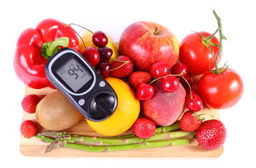 Glucose meter with fruits and vegetables, healthy nutrition, diabetes