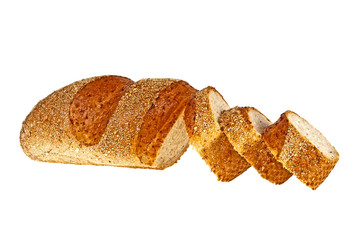 Buckwheat bread and slices on a white background