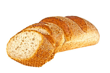 Buckwheat bread and slices on a white background