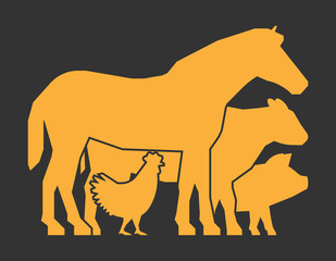 Gold farm animals on a black background. Vector logo for farmers market. Farm animals symbol. Gold silhouette horse, pig, cow and chicken.