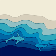 Illustration of the seabed with sharks swimming in the water near the shore