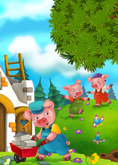 Fototapeta premium Cartoon fairy tale scene with pigs doing different pigs - illustration for children
