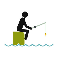 Fisherman sitting on pier with rod icon