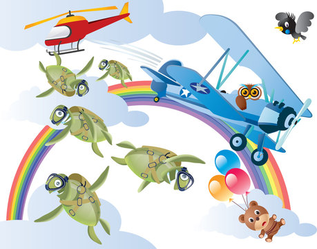 vector image of air vehicles  and animals flying in air.