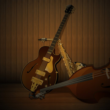 jazz musical instruments on a wooden background