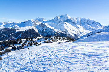 Fototapeta na wymiar View of mountain tops. Ski resort of Paradiski, France
