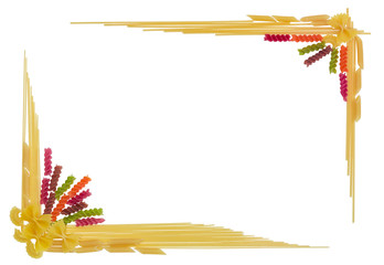 Frame made of different uncooked pasta on a light background