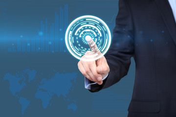  technology and internet concept - businessman pressing button with mechanism icon on virtual...