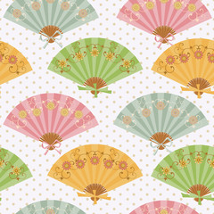 Multi-colored fan with flower pattern in Oriental style.