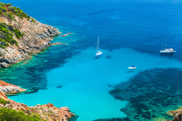 Corsica, Coastal summer landscape with yachts