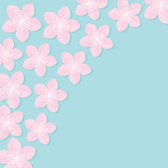Sakura flowers. Japan blooming cherry blossom set in the corner Blue background Template Flat design
