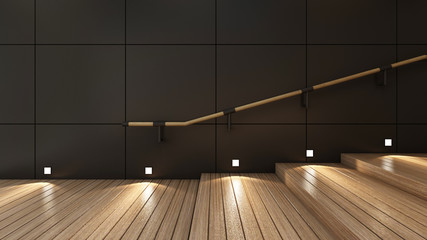 Walkway matel black wall railing wood light shining path wooden walkway - 3d render