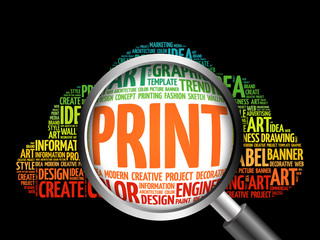 PRINT word cloud with magnifying glass, business concept