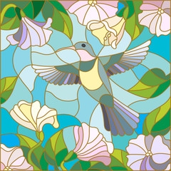 Illustration in stained glass style with colorful Hummingbird on background of the sky ,greenery and flowers