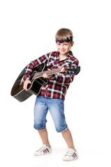 boy is playing on guitar - isolated on white background