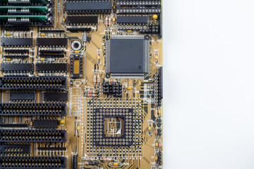 Close up of PC motherboard on the white background / texture