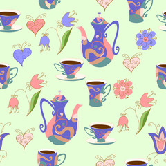 Fototapeta na wymiar Seamless pattern in Doodle style with teapot cups, flowers and hearts.