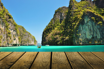 Boat moving in sea Phi Phi island south of Thailand with wooden