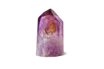 Crystal of natural gemstone amethyst. Isolated on the white background.