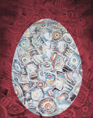 Abstract acrylic painting. Oval object in the shape of an egg on a red background. Easter theme.