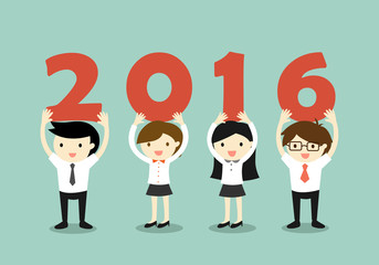 Business concept, Businessmen and business women holding '2016' letters, New year concept. Vector illustration.