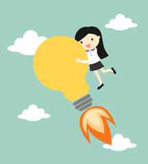 Business concept, Business woman holding big bulb light with start up concept. Vector illustration.