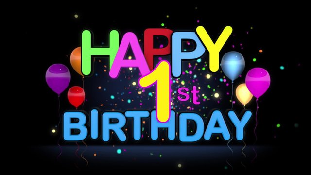 Happy 1st Birthday Title seamless looping Animation for Presentation with dark Background.