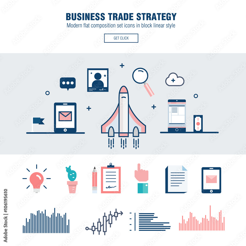 Poster modern block line flat business trade strategy with information and mobile technologies graph icons 