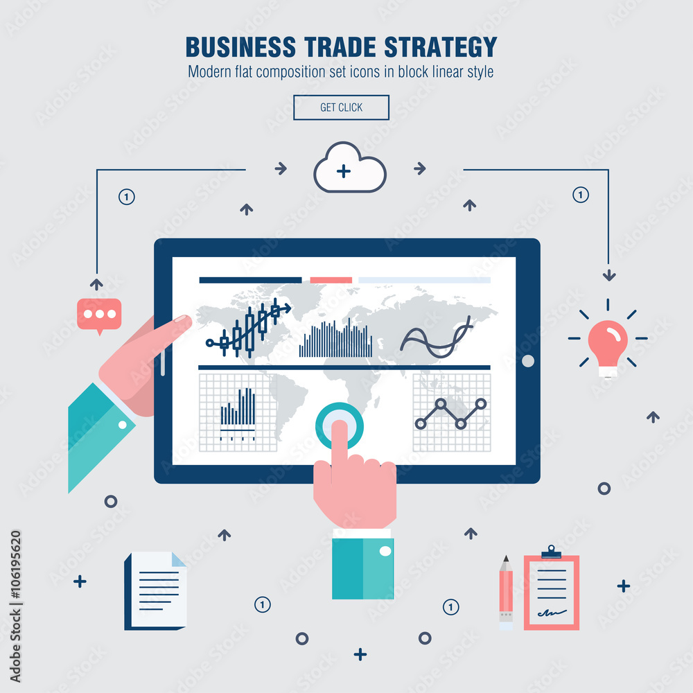 Poster modern block line flat business trade strategy with information and mobile technologies graph icons 