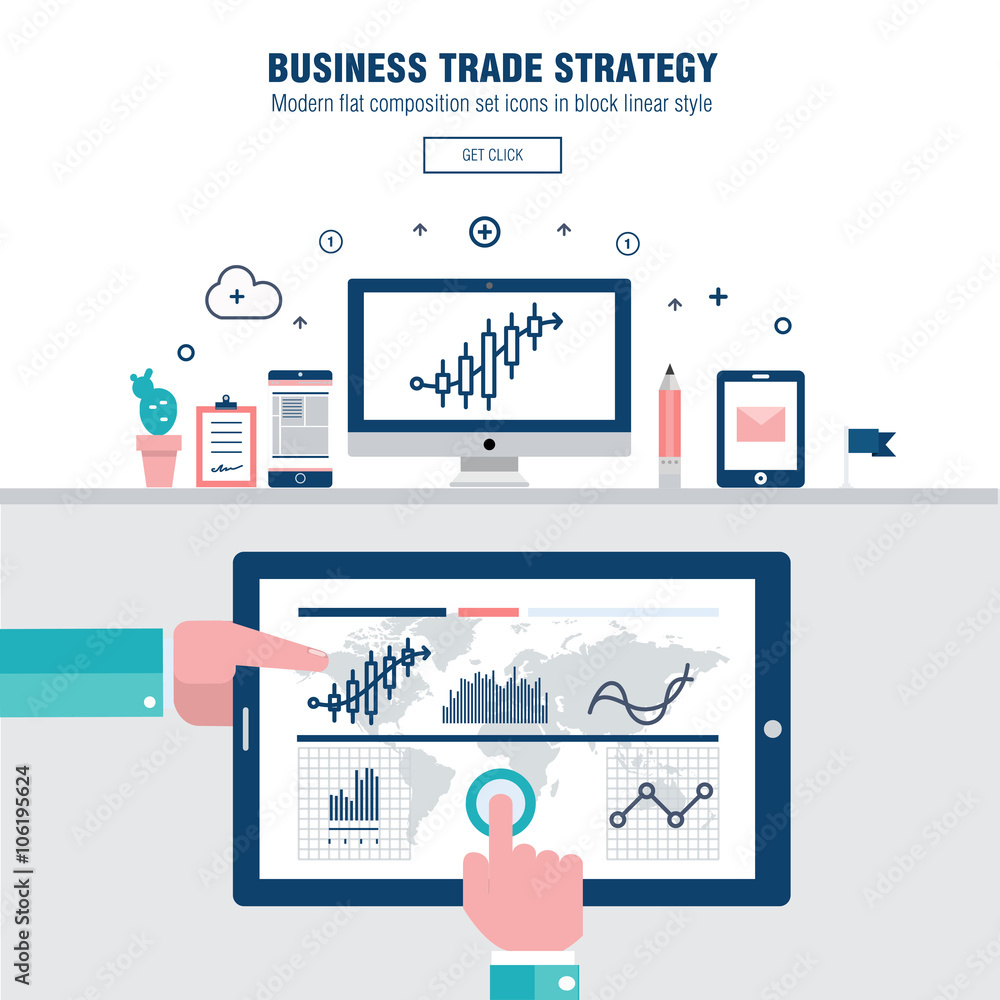 Poster modern block line flat business trade strategy with information and mobile technologies graph icons 