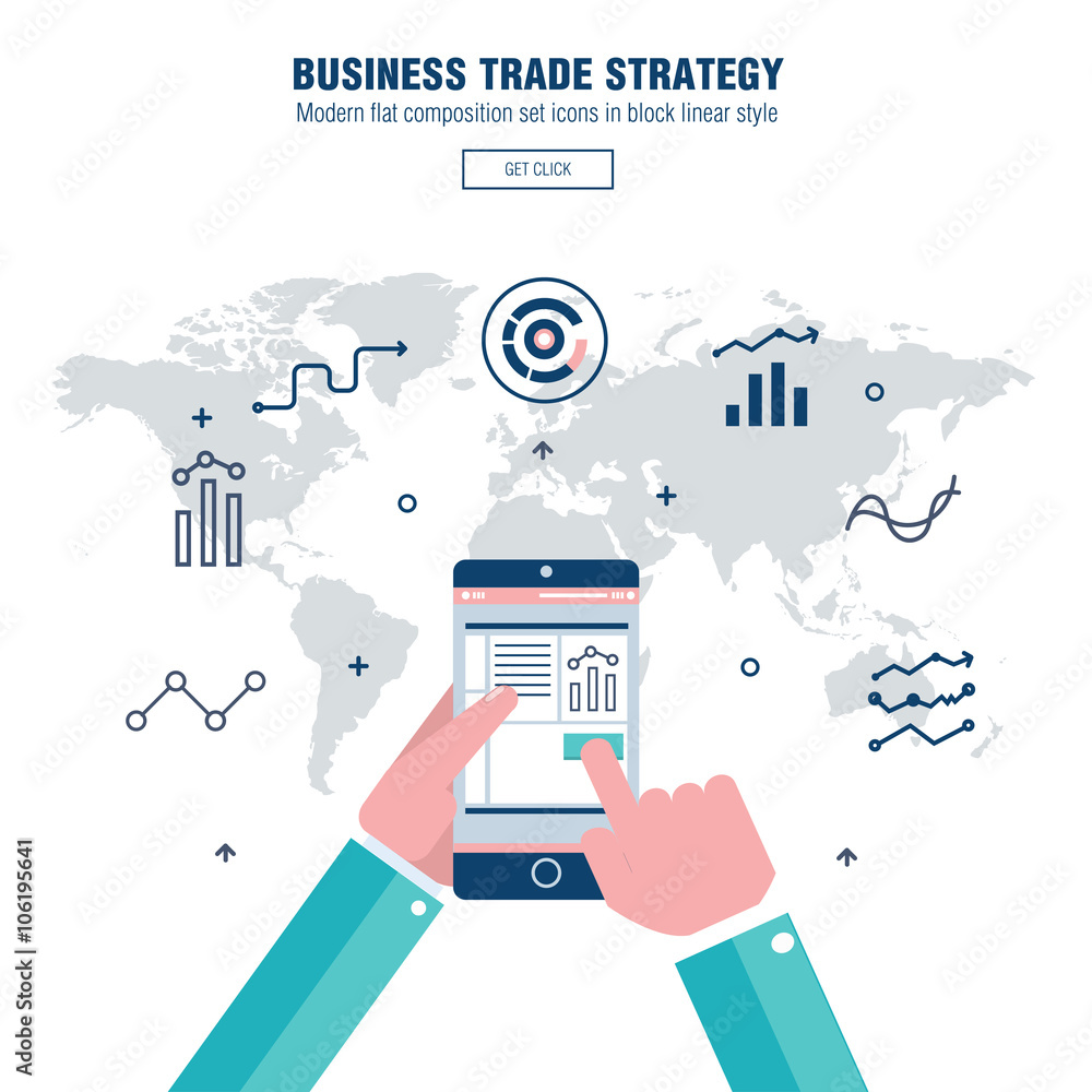 Poster modern block line flat business trade strategy with information and mobile technologies graph icons 